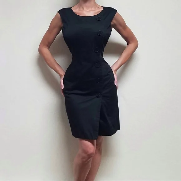 Anne Klein Vintage 90s Black Stretchy Side Button Cap Sleeve Midi Sheath  Dress